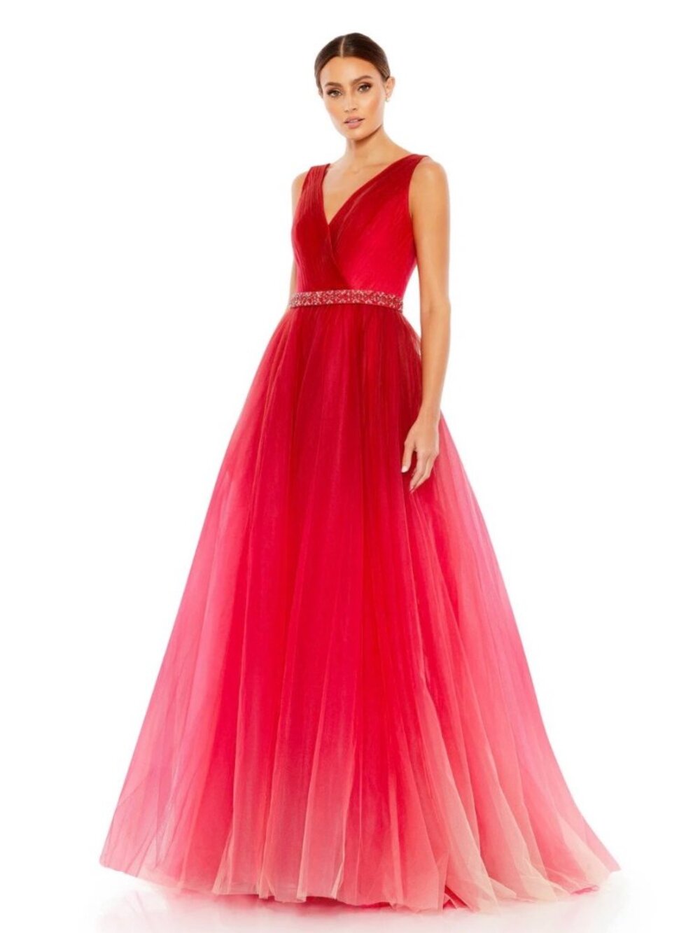 Mac Duggal Red Ombré Tulle Dress Beaded Evening Gown Size 10